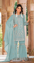 Anaita Sky Blue Nylon Organza Suit With Embroidery & Mirror Work | Grocsy