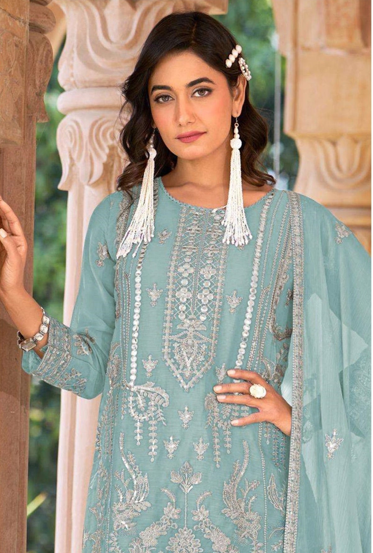 Anaita Sky Blue Nylon Organza Suit With Embroidery & Mirror Work | Grocsy