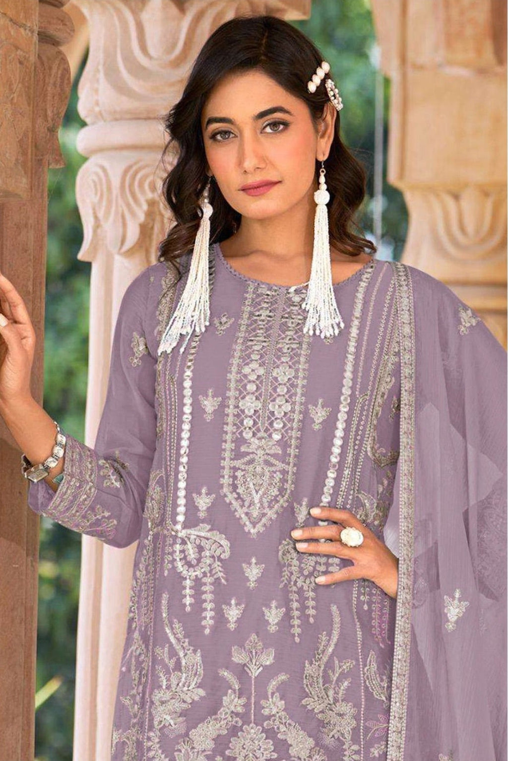 Anaita Lavender Nylon Organza Suit With Embroidery & Mirror Work | Grocsy