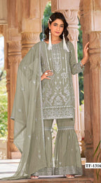 Anaita Sea Green Nylon Organza Suit With Embroidery & Mirror Work | Grocsy