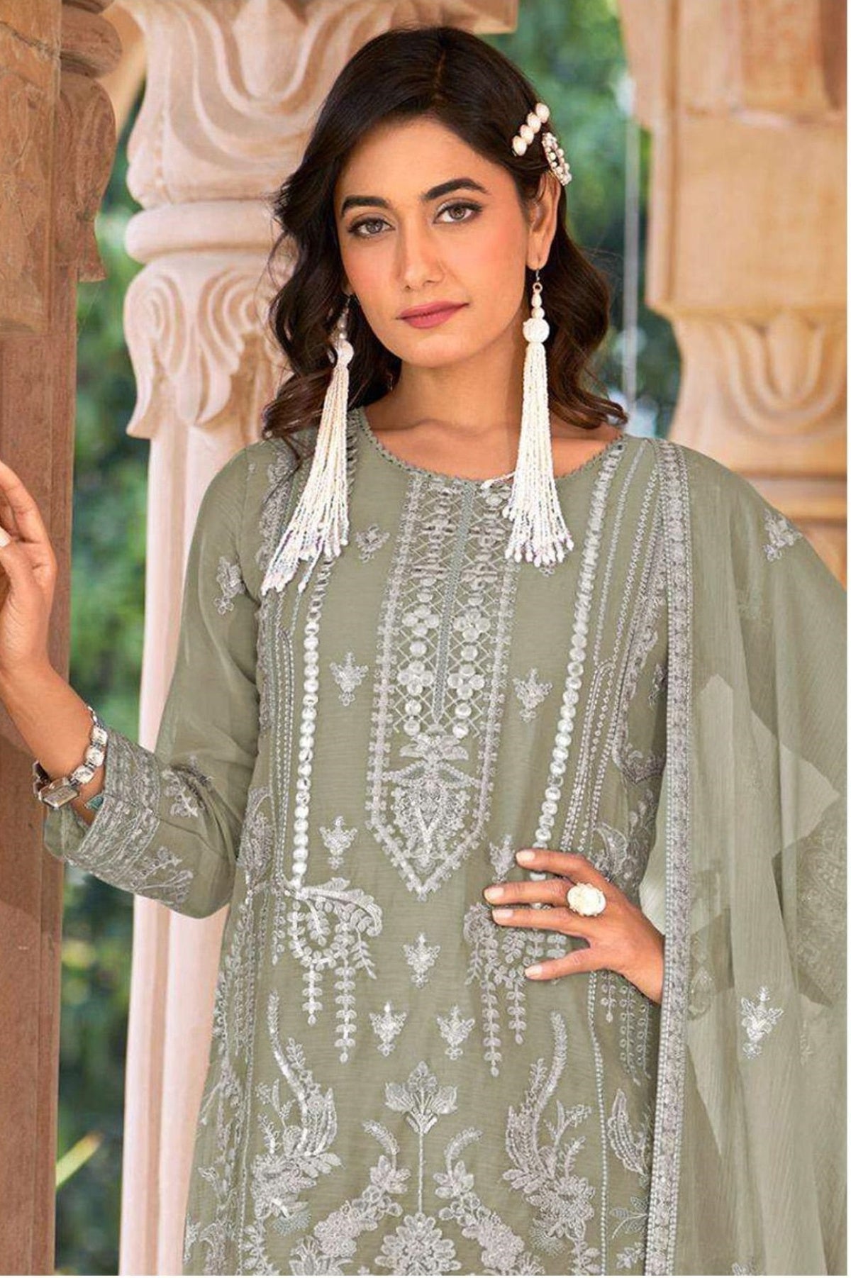 Anaita Sea Green Nylon Organza Suit With Embroidery & Mirror Work | Grocsy