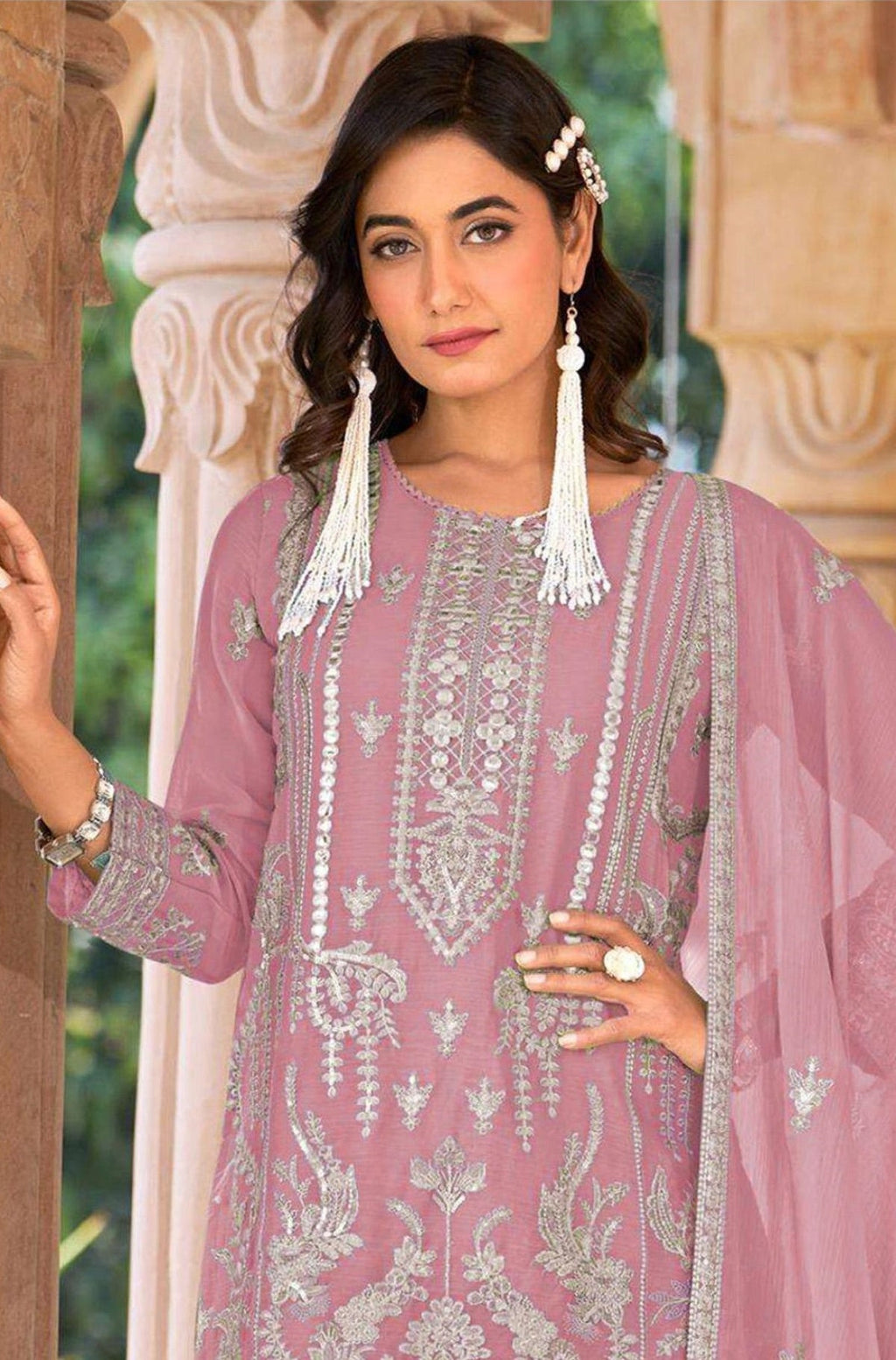 Anaita Pink Nylon Organza Suit With Embroidery & Mirror Work | Grocsy