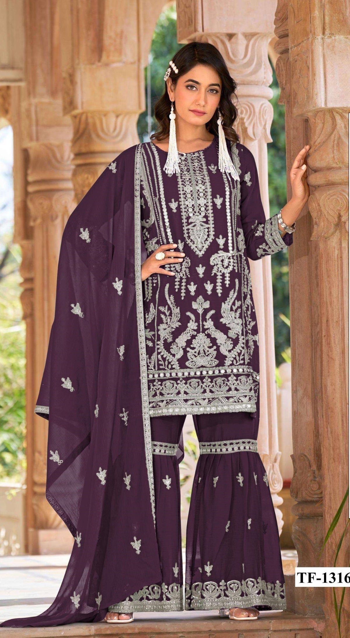 Anaita Purple Nylon Organza Suit With Embroidery & Mirror Work | Grocsy
