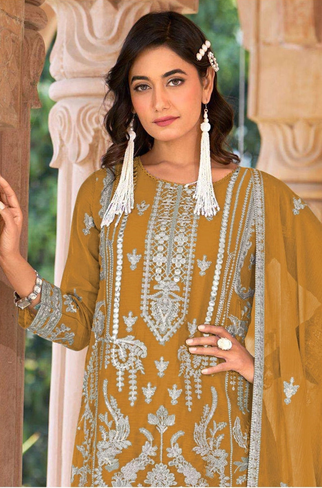 Anaita Gold Nylon Organza Suit With Embroidery & Mirror Work | Grocsy