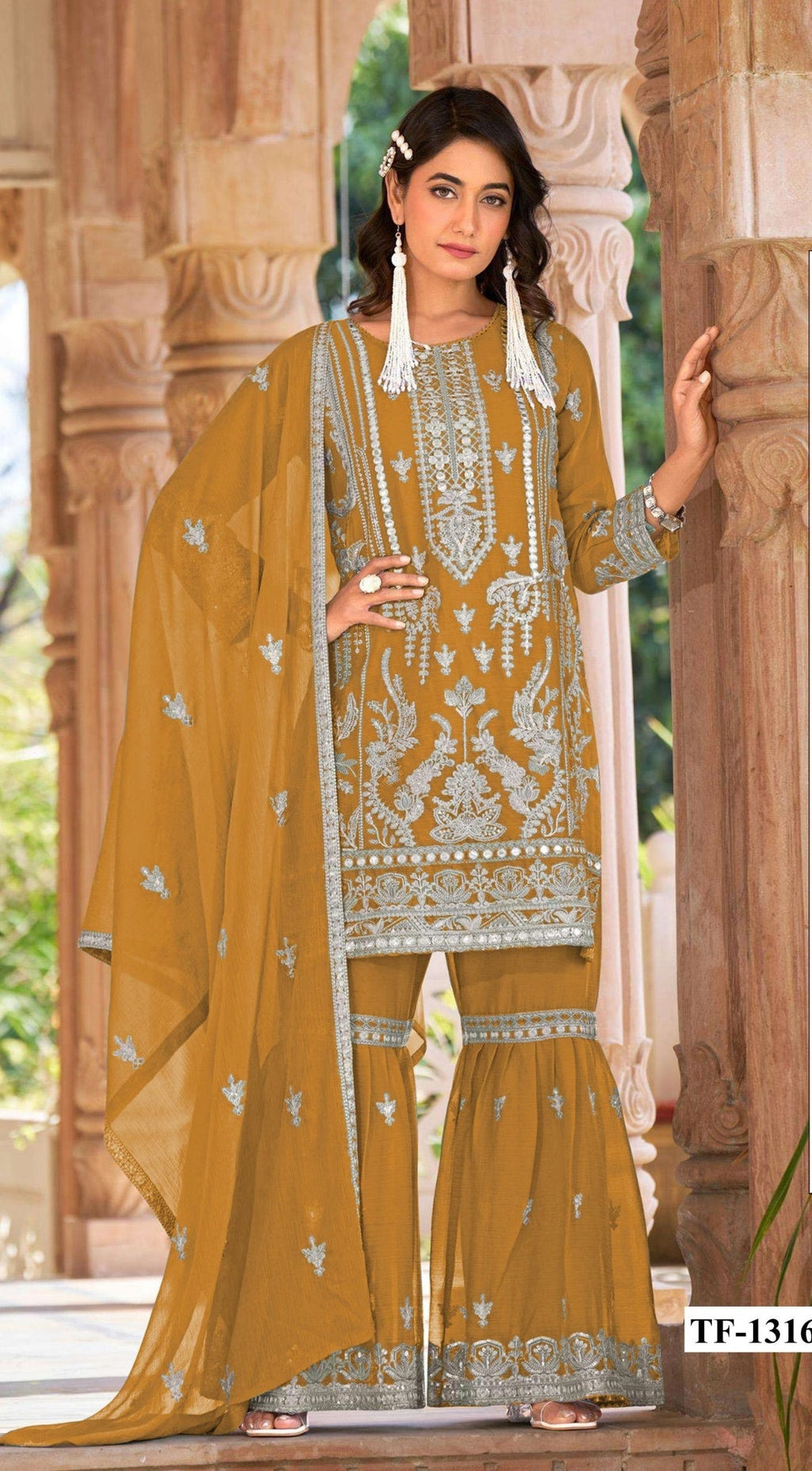 Anaita Gold Nylon Organza Suit With Embroidery & Mirror Work | Grocsy