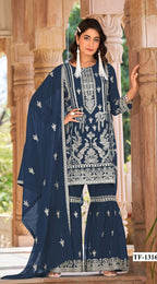 Anaita Navy Blue Nylon Organza Suit With Embroidery & Mirror Work | Grocsy