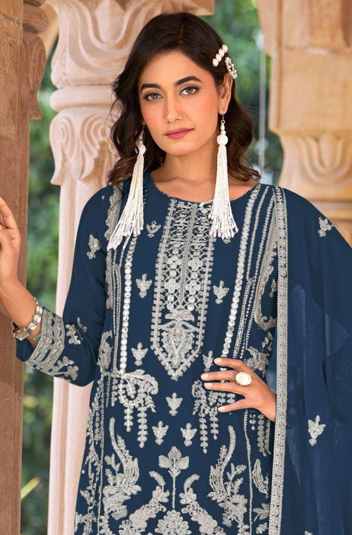 Anaita Navy Blue Nylon Organza Suit With Embroidery & Mirror Work | Grocsy