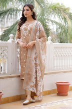 Vaasva Women Brown Linen Kurta Embroidered Kurta Set With Solid Pants & Dupatta | Grocsy