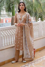 Vaasva Women Brown Linen Kurta Embroidered Kurta Set With Solid Pants & Dupatta | Grocsy