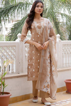 Vaasva Women Brown Linen Kurta Embroidered Kurta Set With Solid Pants & Dupatta | Grocsy