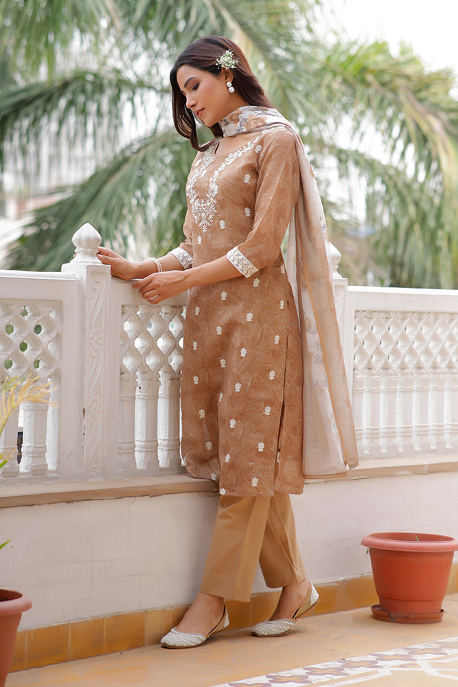 Vaasva Women Brown Linen Kurta Embroidered Kurta Set With Solid Pants & Dupatta | Grocsy