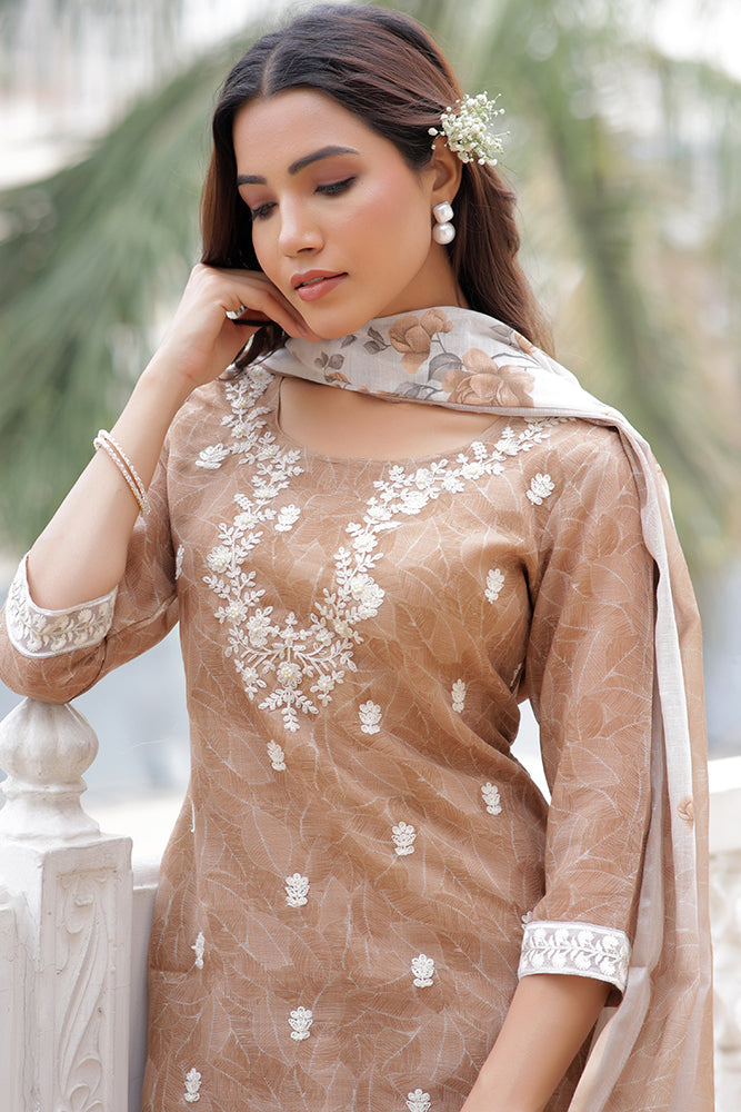 Vaasva Women Brown Linen Kurta Embroidered Kurta Set With Solid Pants & Dupatta | Grocsy