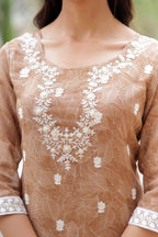 Vaasva Women Brown Linen Kurta Embroidered Kurta Set With Solid Pants & Dupatta | Grocsy
