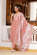 Vaasva Women Pink Linen Kurta Embroidered Kurta Set With Solid Pants & Dupatta | Grocsy