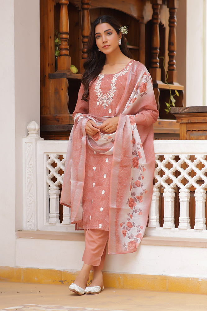 Vaasva Women Pink Linen Kurta Embroidered Kurta Set With Solid Pants & Dupatta | Grocsy