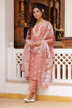 Vaasva Women Pink Linen Kurta Embroidered Kurta Set With Solid Pants & Dupatta | Grocsy