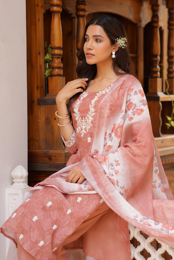 Vaasva Women Pink Linen Kurta Embroidered Kurta Set With Solid Pants & Dupatta | Grocsy