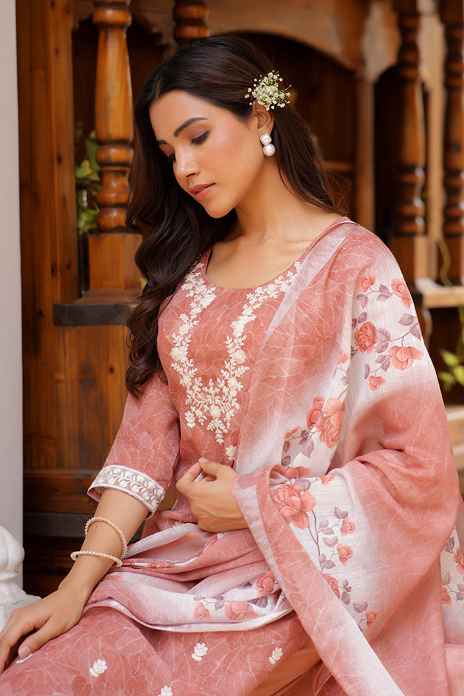 Vaasva Women Pink Linen Kurta Embroidered Kurta Set With Solid Pants & Dupatta | Grocsy