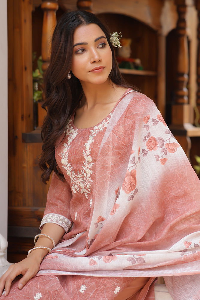 Vaasva Women Pink Linen Kurta Embroidered Kurta Set With Solid Pants & Dupatta | Grocsy