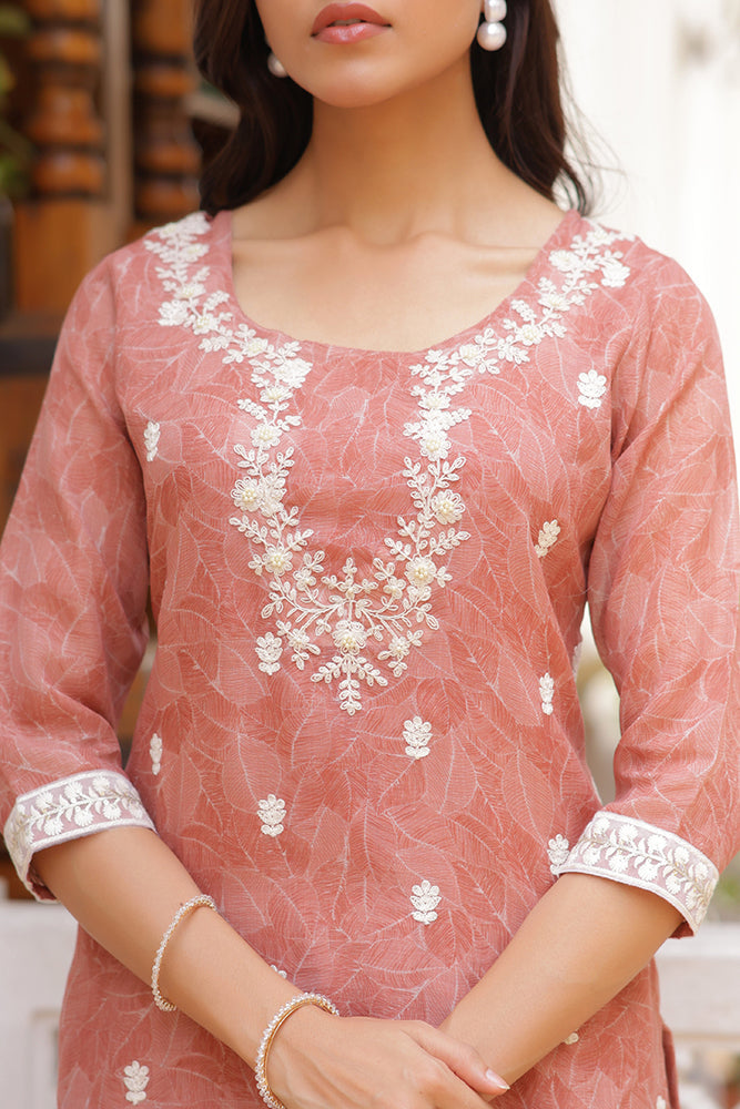 Vaasva Women Pink Linen Kurta Embroidered Kurta Set With Solid Pants & Dupatta | Grocsy