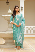 Vaasva Women Green Linen Kurta Embroidered Kurta Set With Solid Pants & Dupatta | Grocsy