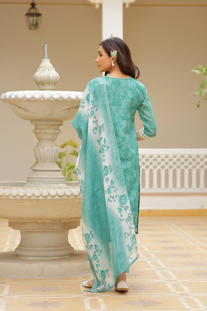 Vaasva Women Green Linen Kurta Embroidered Kurta Set With Solid Pants & Dupatta | Grocsy