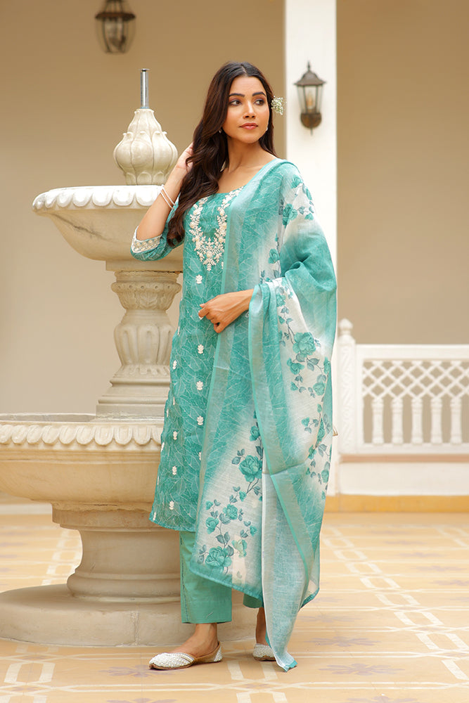 Vaasva Women Green Linen Kurta Embroidered Kurta Set With Solid Pants & Dupatta | Grocsy