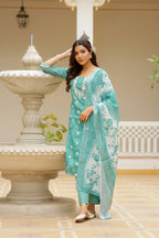 Vaasva Women Green Linen Kurta Embroidered Kurta Set With Solid Pants & Dupatta | Grocsy