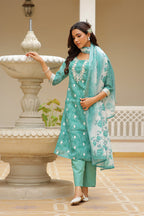 Vaasva Women Green Linen Kurta Embroidered Kurta Set With Solid Pants & Dupatta | Grocsy