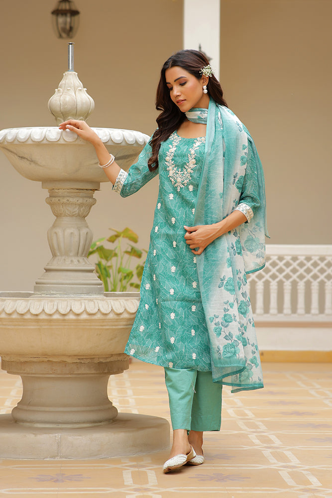 Vaasva Women Green Linen Kurta Embroidered Kurta Set With Solid Pants & Dupatta | Grocsy