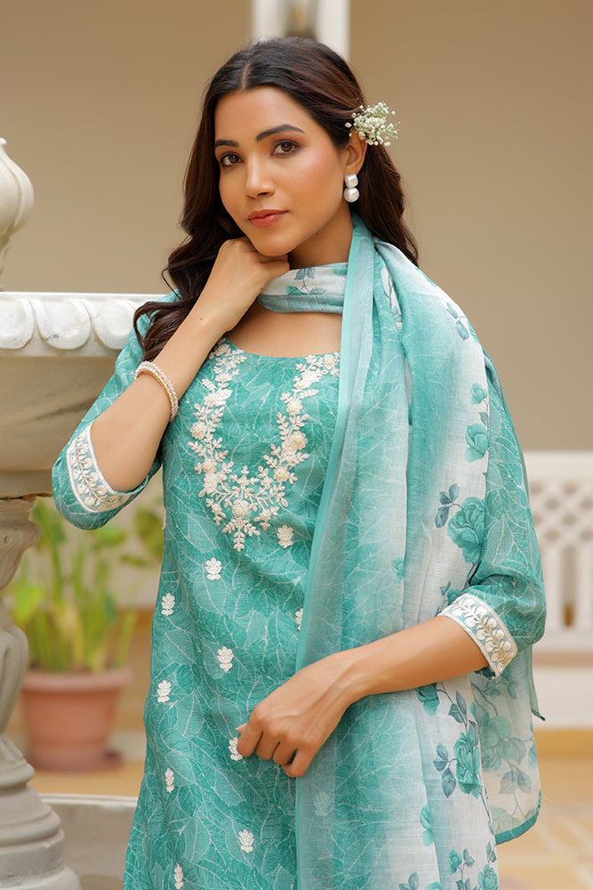 Vaasva Women Green Linen Kurta Embroidered Kurta Set With Solid Pants & Dupatta | Grocsy