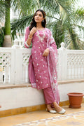 Vaasva Women Mangenta Linen Kurta Embroidered Kurta Set With Solid Pants & Dupatta | Grocsy