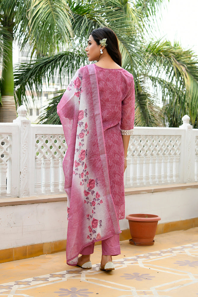 Vaasva Women Mangenta Linen Kurta Embroidered Kurta Set With Solid Pants & Dupatta | Grocsy