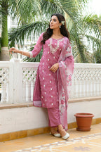 Vaasva Women Mangenta Linen Kurta Embroidered Kurta Set With Solid Pants & Dupatta | Grocsy