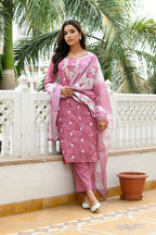 Vaasva Women Mangenta Linen Kurta Embroidered Kurta Set With Solid Pants & Dupatta | Grocsy