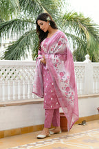 Vaasva Women Mangenta Linen Kurta Embroidered Kurta Set With Solid Pants & Dupatta | Grocsy