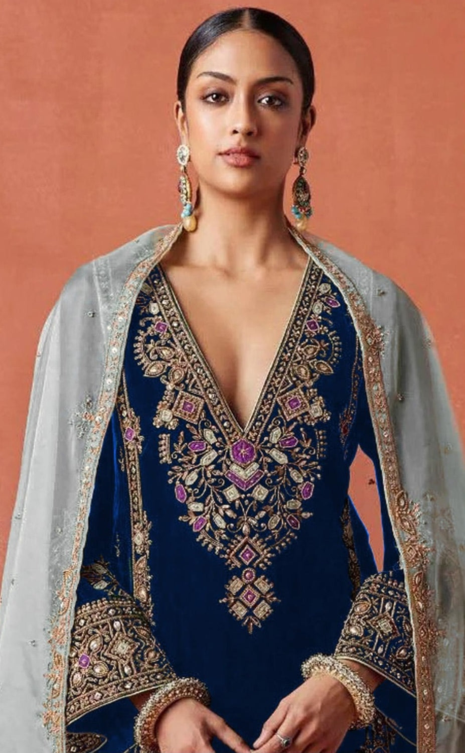Anaita Navy Heavy Velvet Suit With Embroidery Work | Grocsy