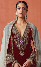 Anaita Red Heavy Velvet Suit With Embroidery Work | Grocsy
