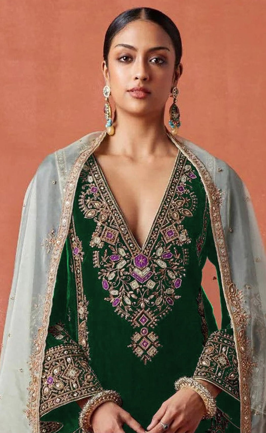 Anaita Dark Green Heavy Velvet Suit With Embroidery Work | Grocsy