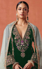Anaita Dark Green Heavy Velvet Suit With Embroidery Work | Grocsy