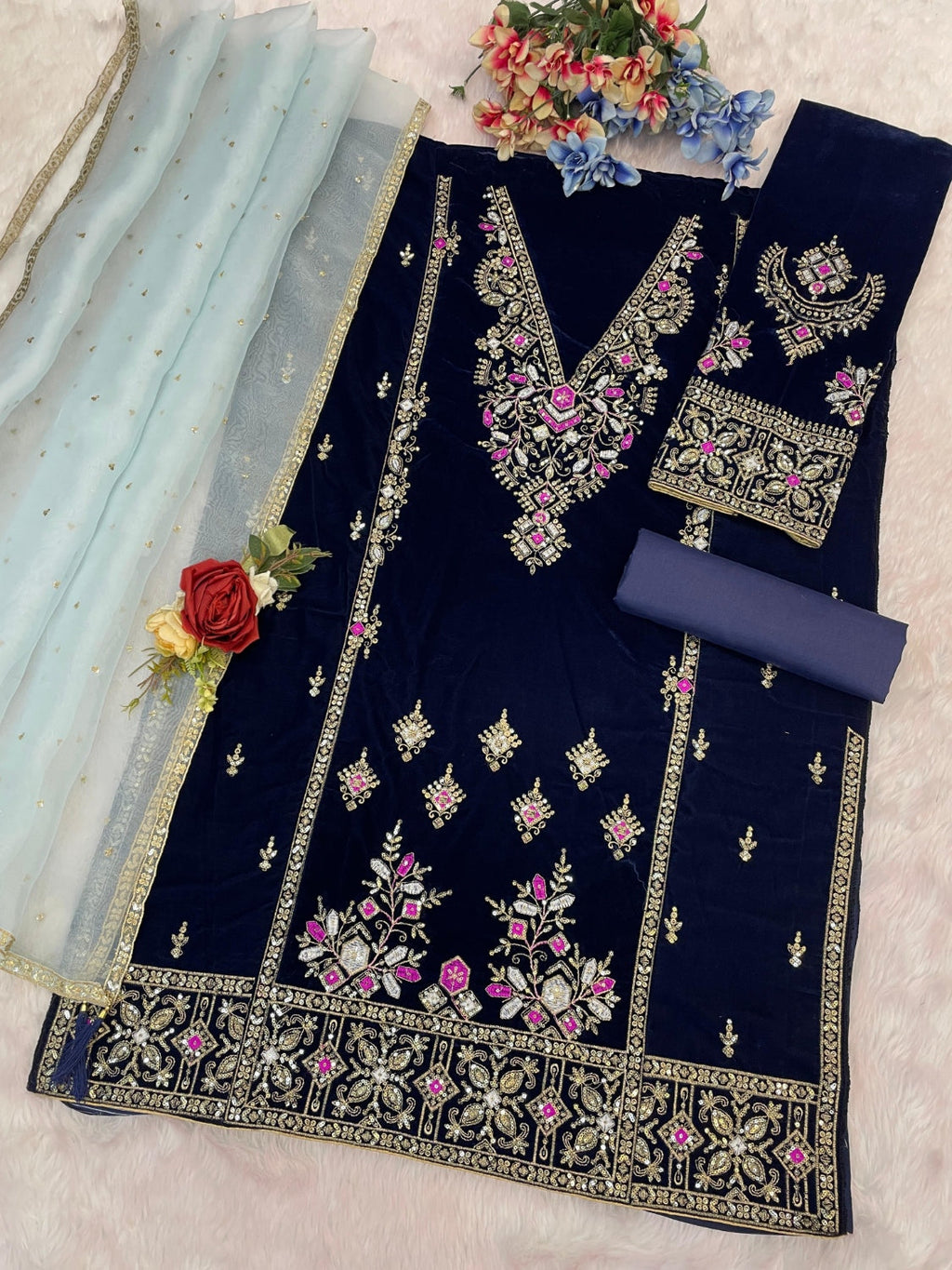 Anaita Teal Heavy Velvet Suit With Embroidery Work | Grocsy