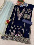 Anaita Teal Heavy Velvet Suit With Embroidery Work | Grocsy