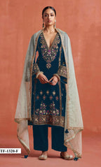 Anaita Teal Heavy Velvet Suit With Embroidery Work | Grocsy
