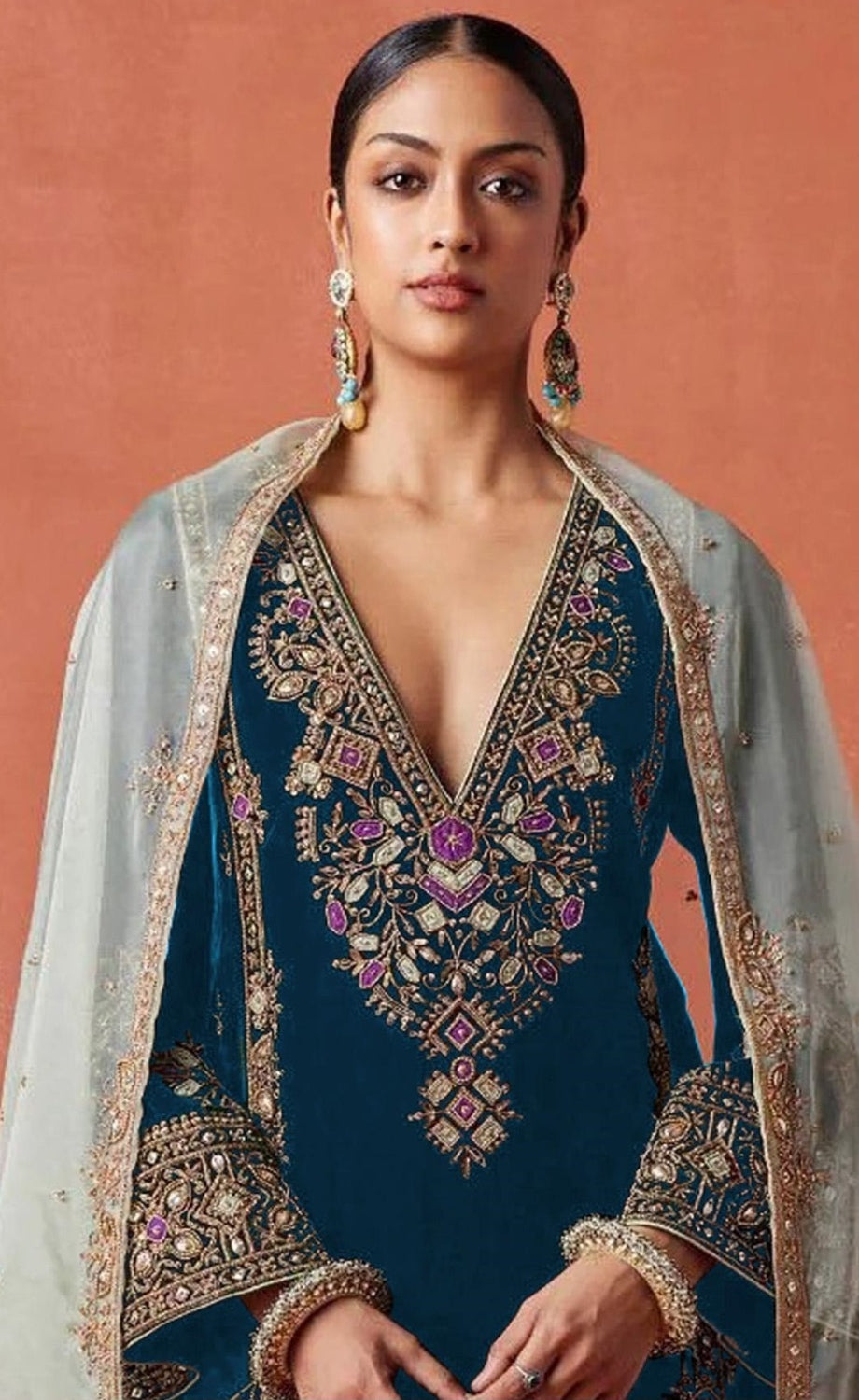 Anaita Teal Heavy Velvet Suit With Embroidery Work | Grocsy