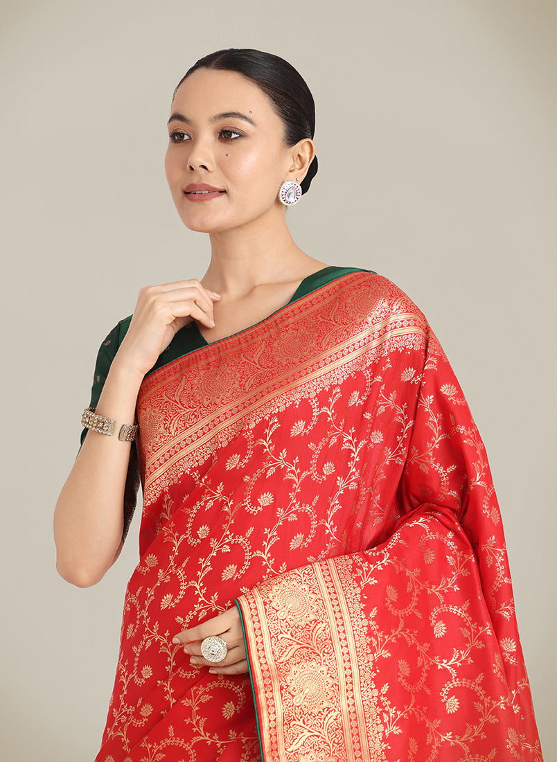 Monjolika Fashion Red Color Banarasi Silk Wedding Collection Saree | Grocsy