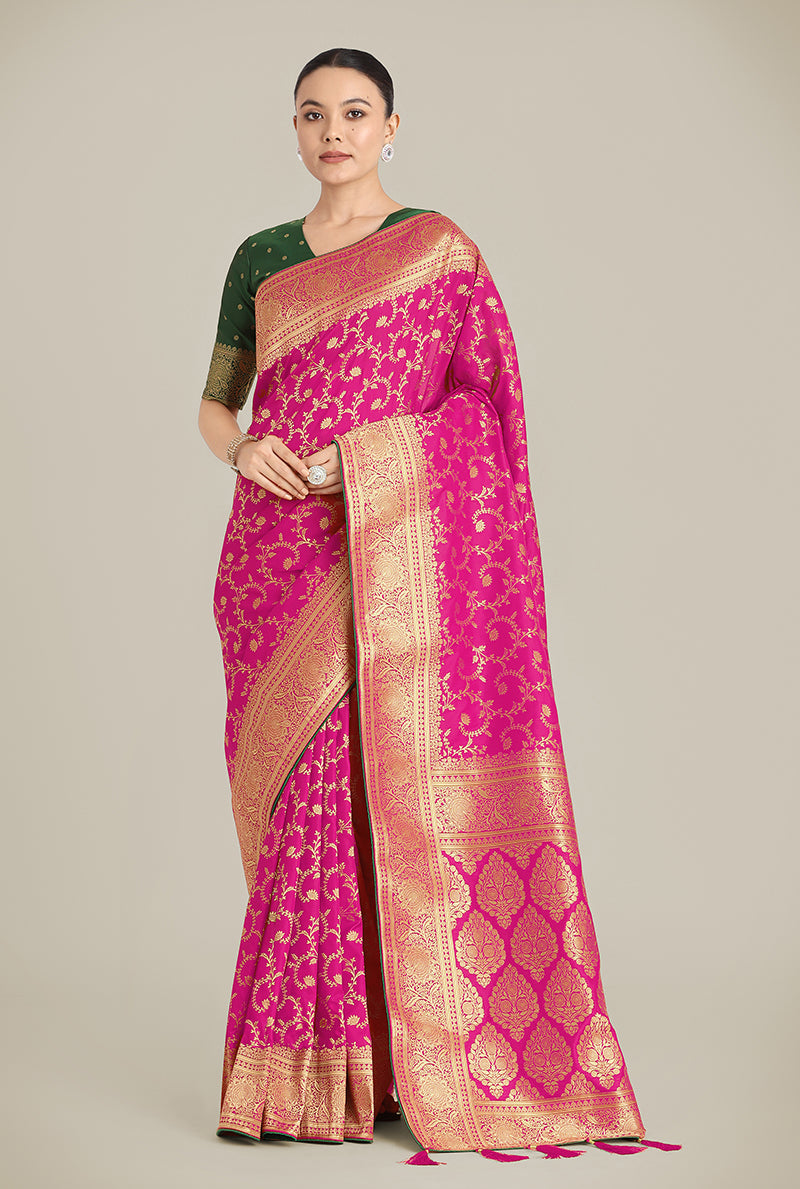 Monjolika Fashion Rani Pink Color Banarasi Silk Wedding Collection Saree | Grocsy