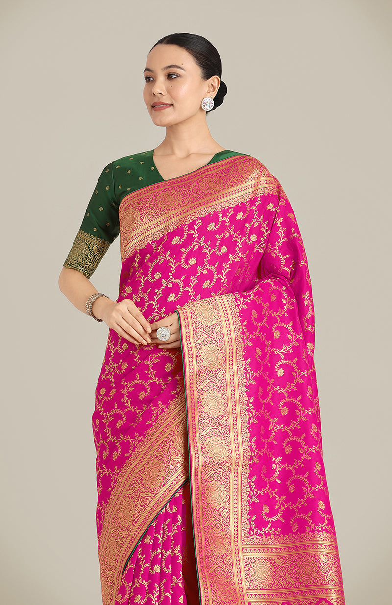 Monjolika Fashion Rani Pink Color Banarasi Silk Wedding Collection Saree | Grocsy