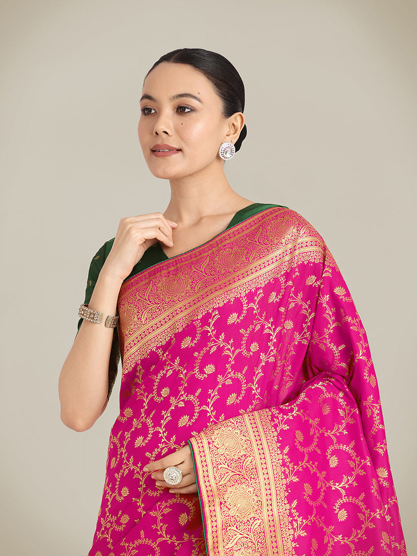 Monjolika Fashion Rani Pink Color Banarasi Silk Wedding Collection Saree | Grocsy