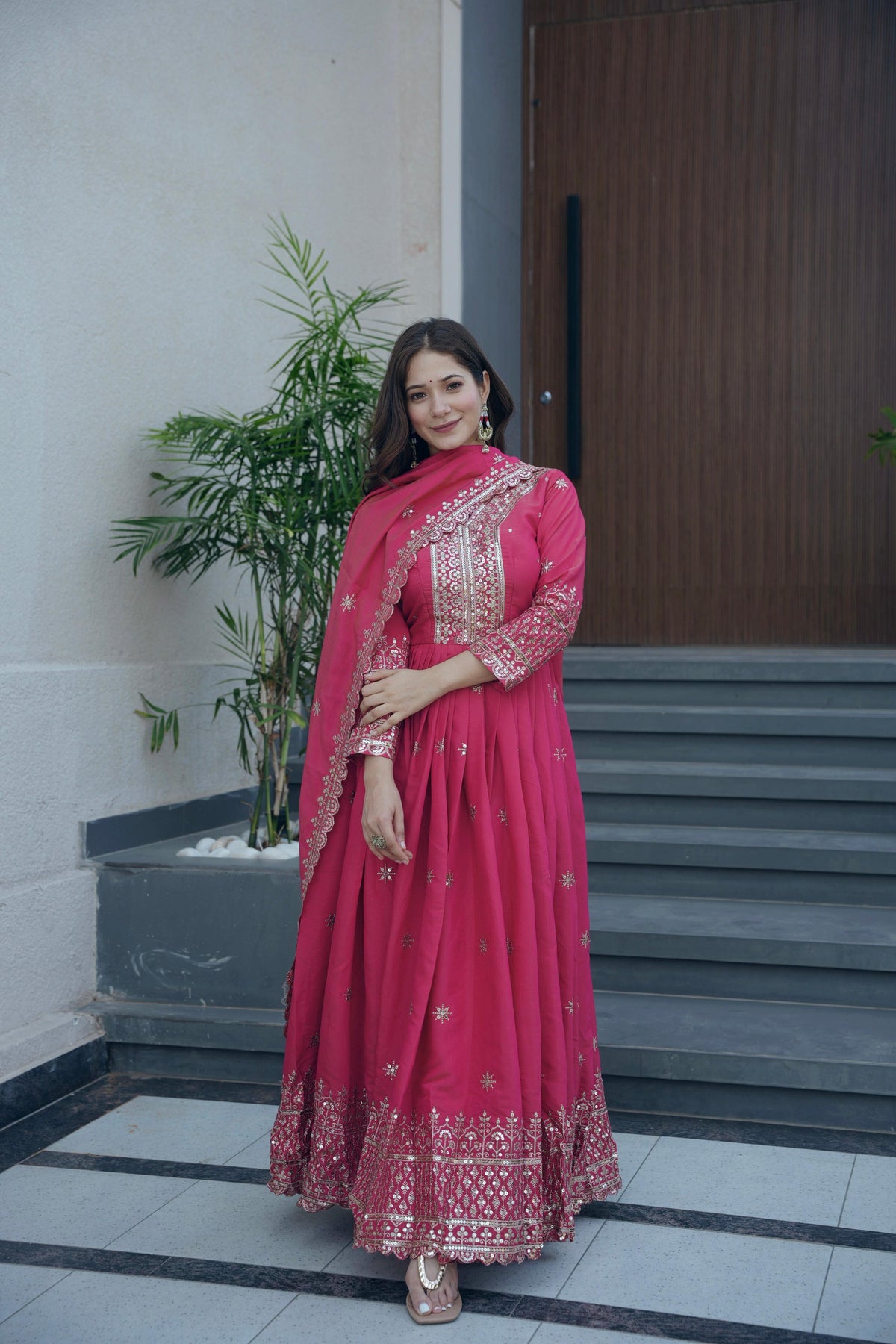Lorenvalley Fashion Gajari Pink Shimmer Silk Embroidery Sequins Work Anarkali Gown with Dupatta | Grocsy