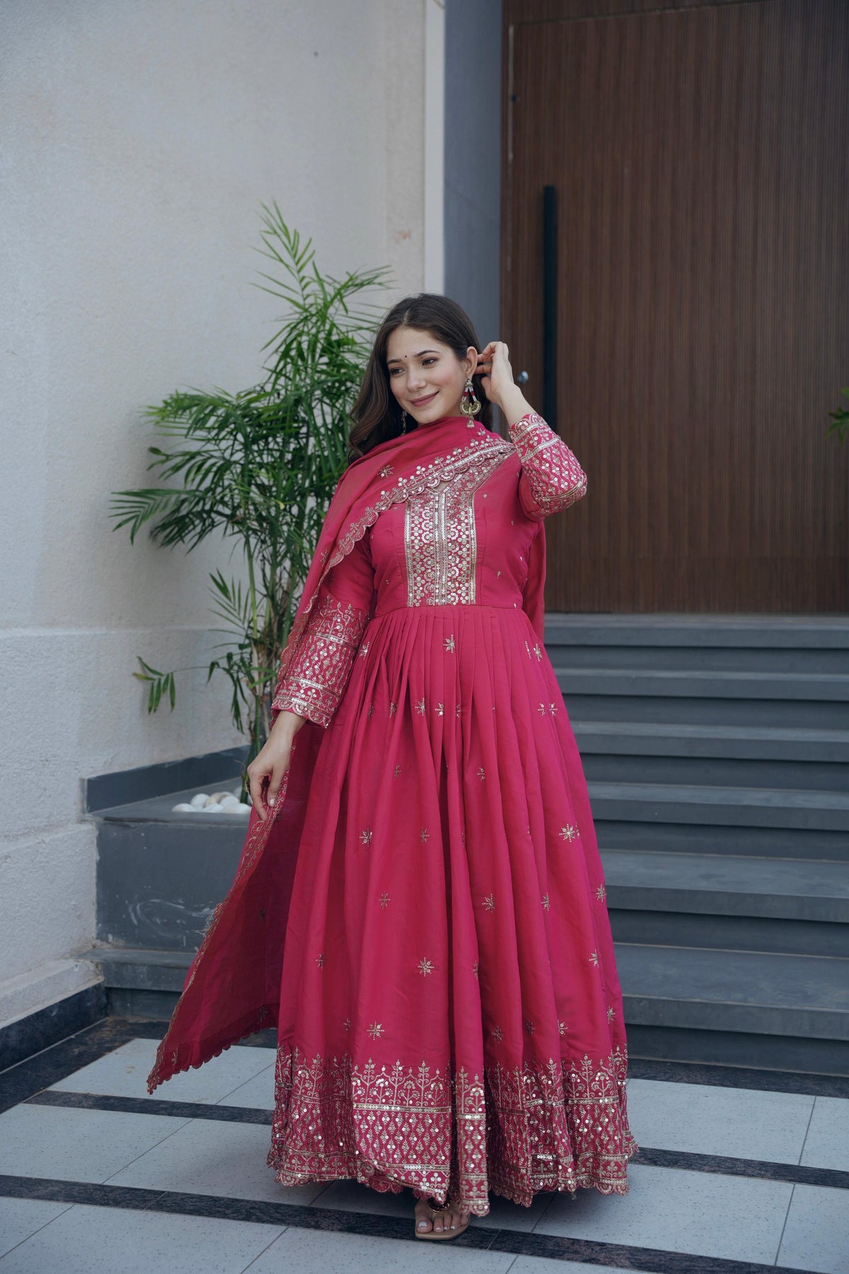 Lorenvalley Fashion Gajari Pink Shimmer Silk Embroidery Sequins Work Anarkali Gown with Dupatta | Grocsy